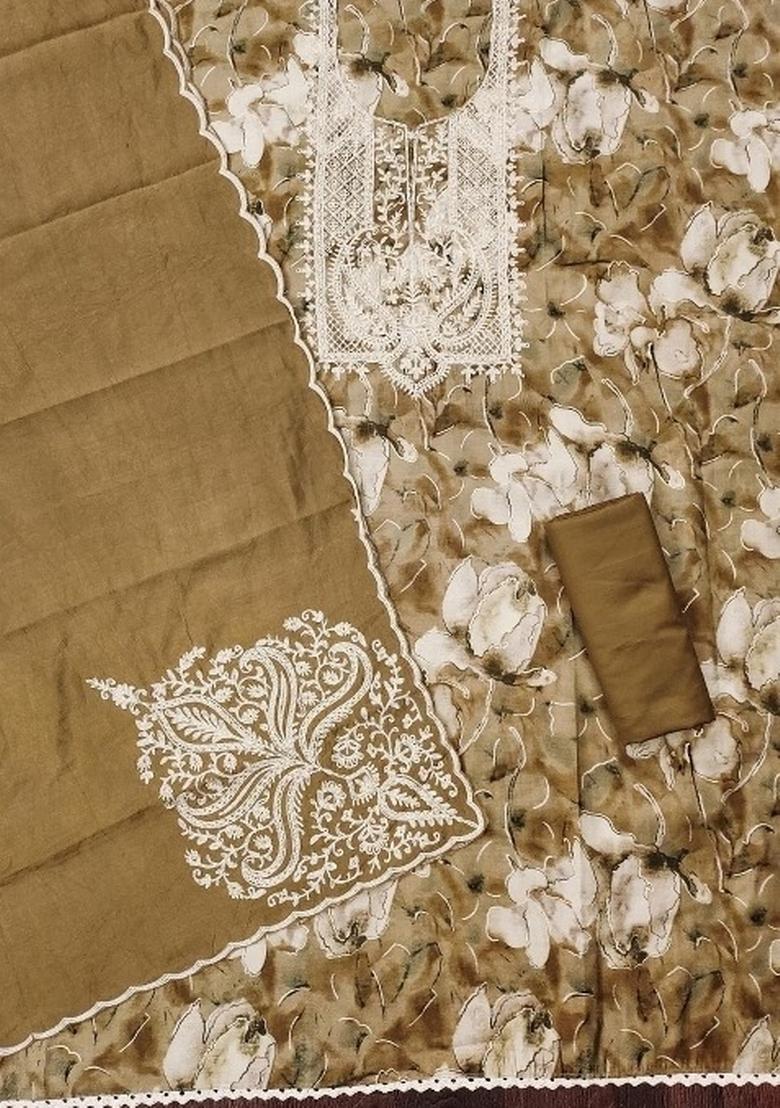 Caramel Brown Embroidered Cotton Blend Dress Material