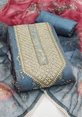 Teal Embroidered Silk Dress Material