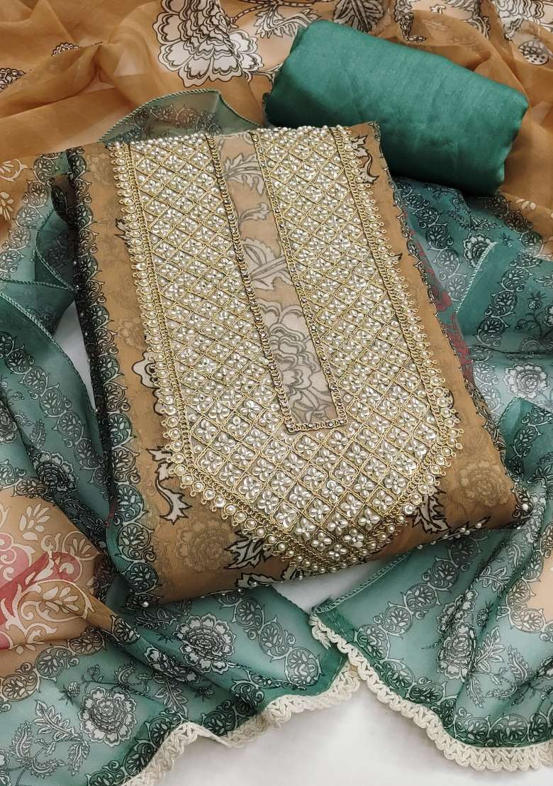 Green Embroidered Silk Blend Dress Material - Indya