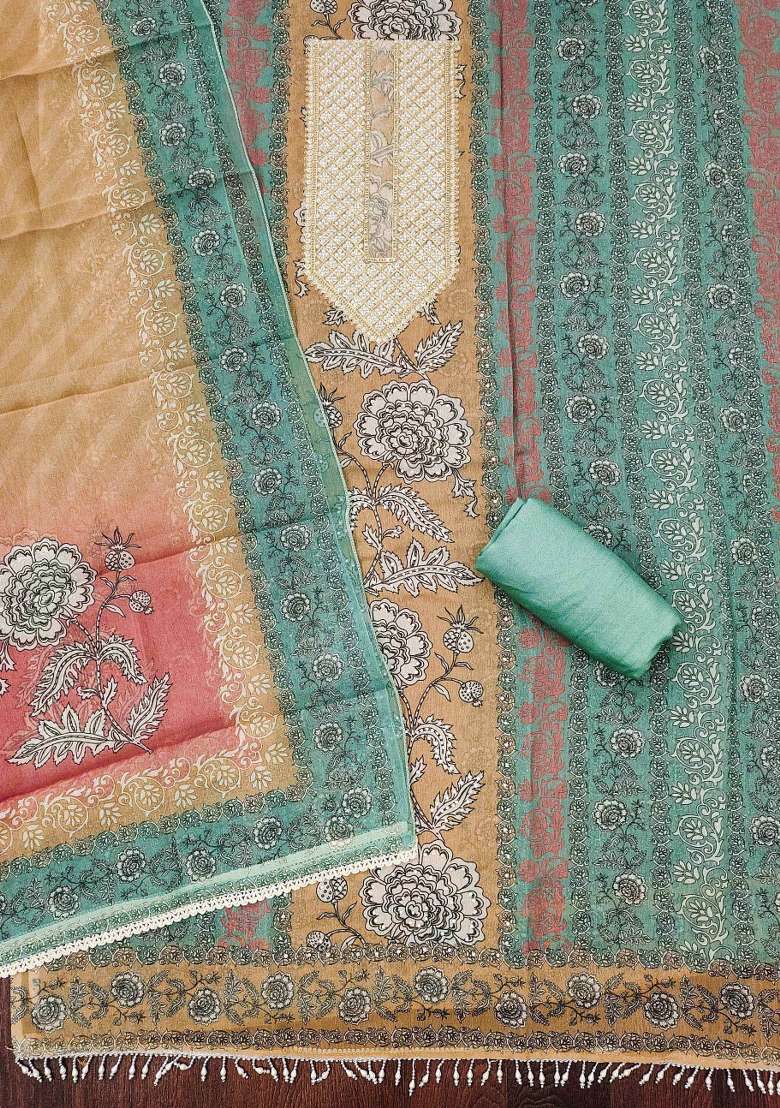 Green Embroidered Silk Blend Dress Material - Indya