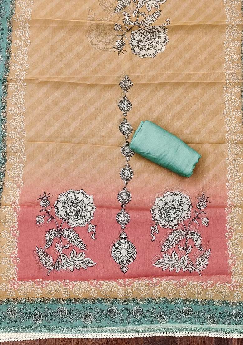 Green Embroidered Silk Blend Dress Material - Indya