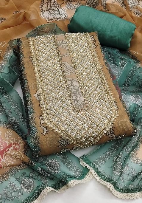 Green Embroidered Silk Dress Material — view on Indya