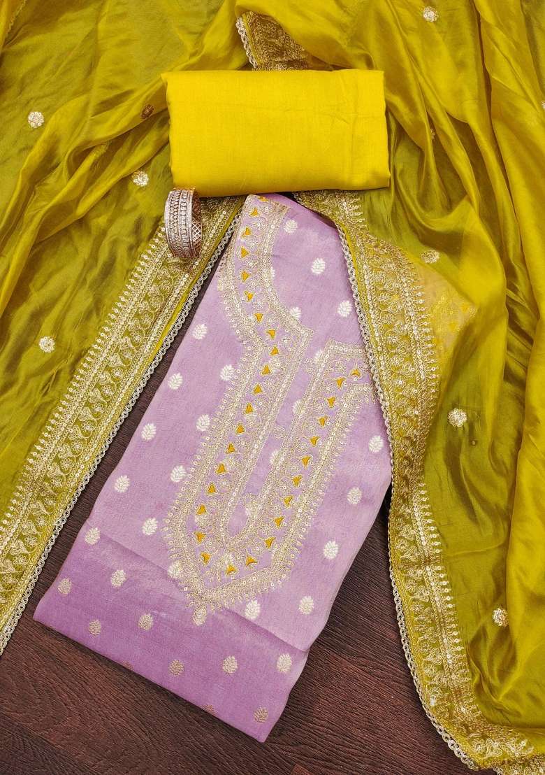 Lavender Embroidered Silk Dress Material - Indya