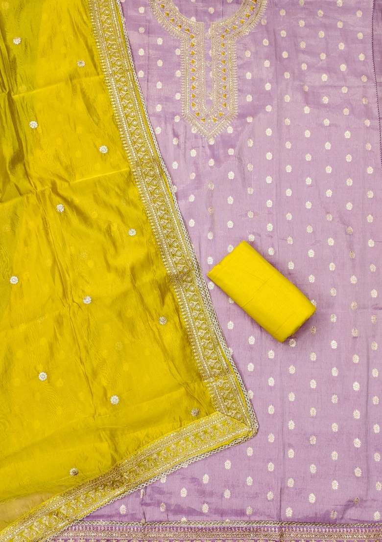 Lavender Embroidered Silk Dress Material - Indya