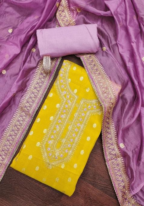 Yellow Embroidered Silk Dress Material