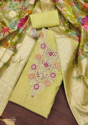 Lime Green Embroidered Cotton Blend Dress Material