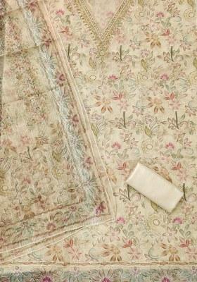 Off White Embroidered Oragnza Dress Material