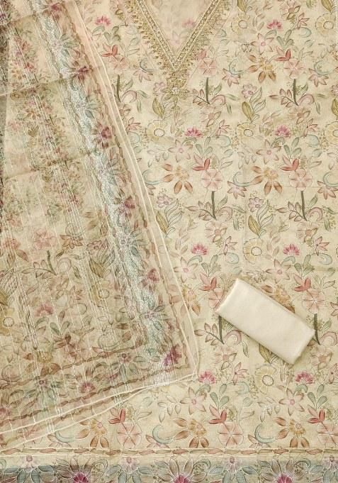 Off White Embroidered Oragnza Dress Material