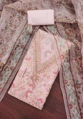 Baby Pink Embroidered Oragnza Dress Material