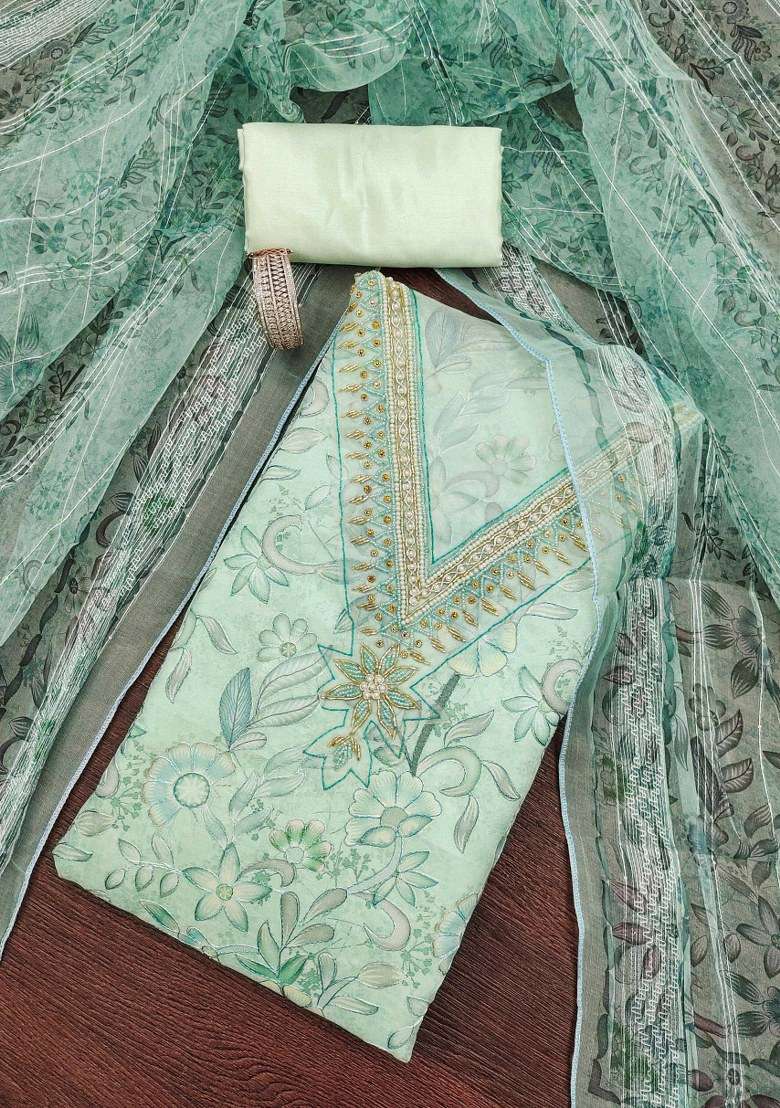 Sea Green Embroidered Organza Pakistani Suit Set - Indya