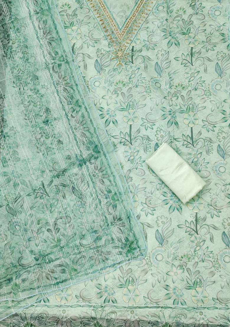 Sea Green Embroidered Organza Pakistani Suit Set - Indya