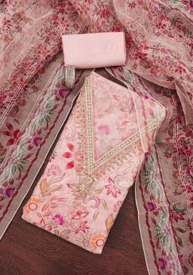 Pink Embroidered Oragnza Dress Material