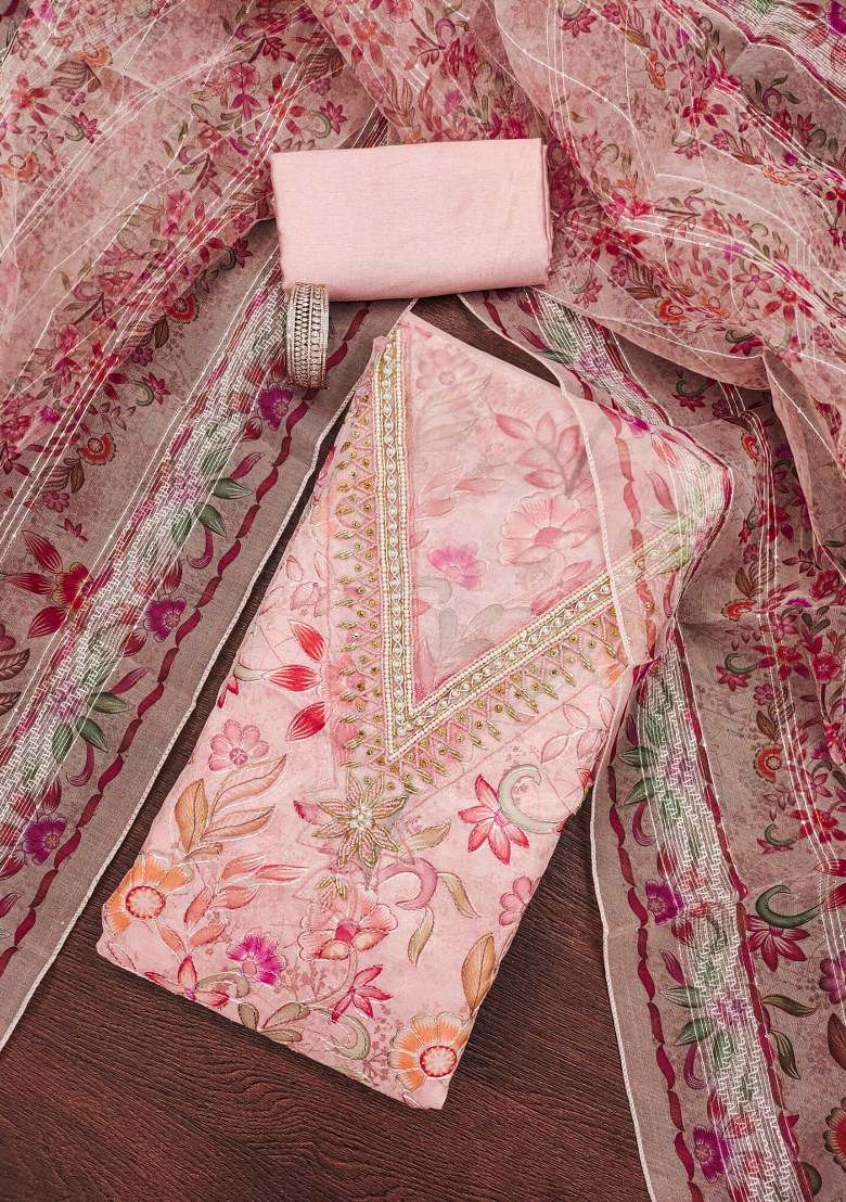 Pink Embroidered Organza Straight Kurta Set - Indya