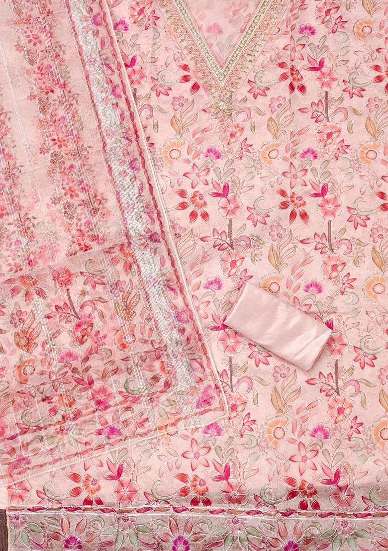 Pink Embroidered Organza Straight Kurta Set - Indya