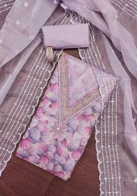 Lavender Embroidered Oragnza Dress Material