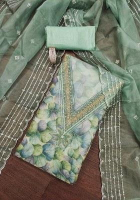 Sea Green Embroidered Oragnza Dress Material