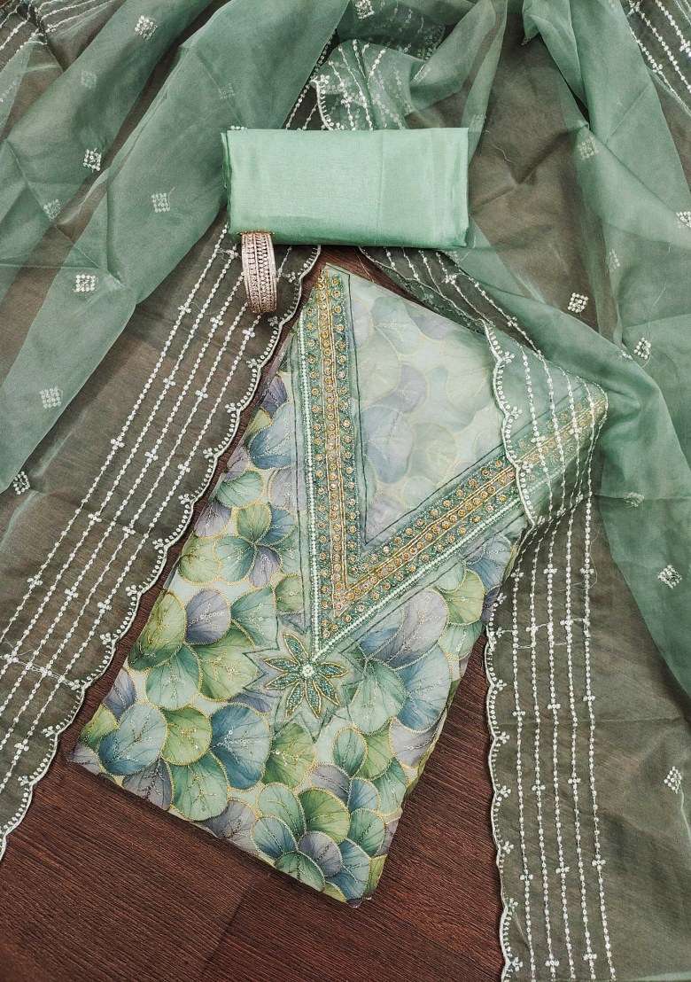 Sea Green Embroidered Organza Straight Kurta Set - Indya
