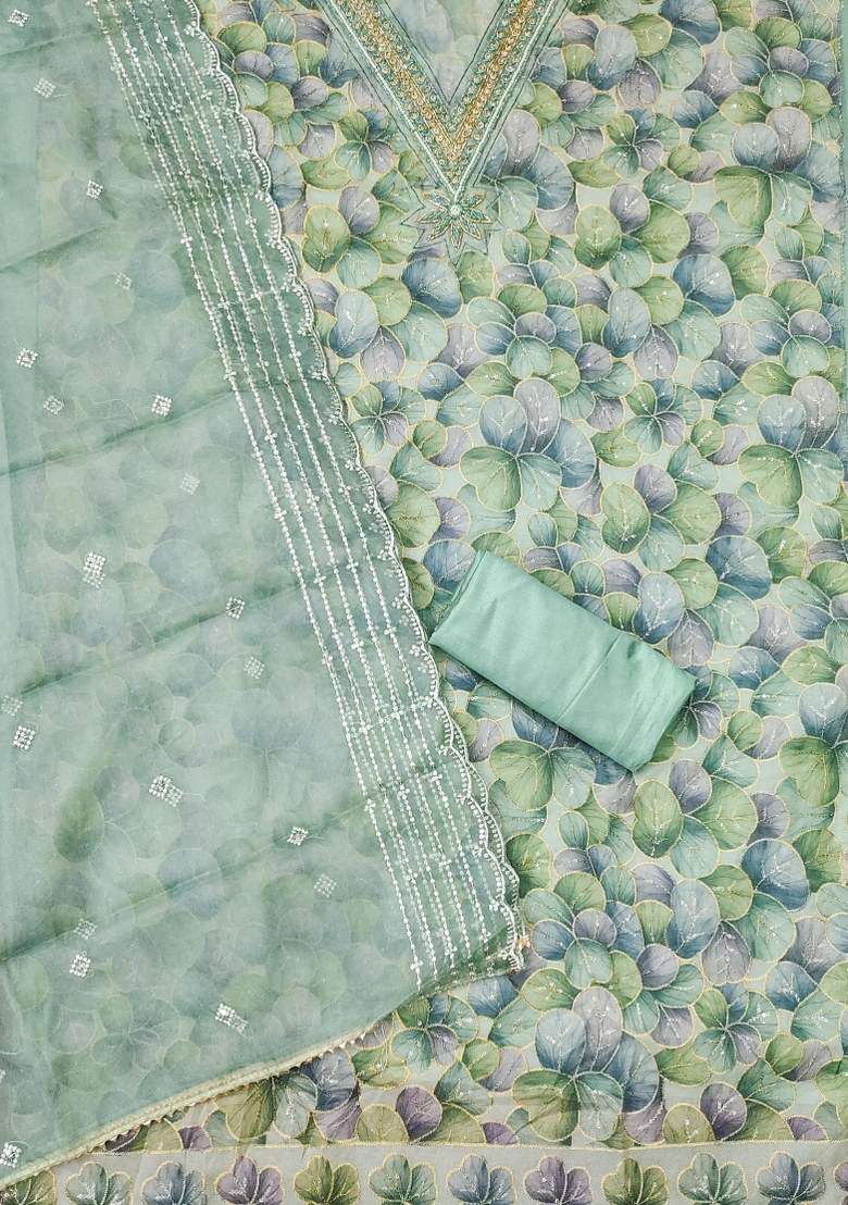 Sea Green Embroidered Organza Straight Kurta Set - Indya