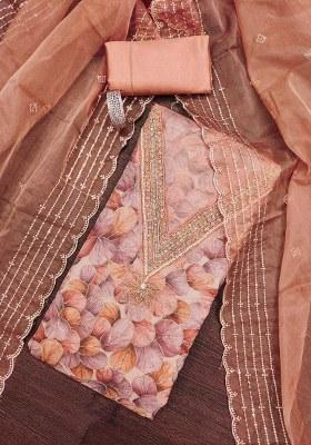 Peach Embroidered Oragnza Dress Material