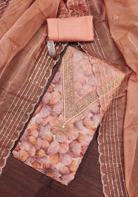 Peach Embroidered Oragnza Dress Material