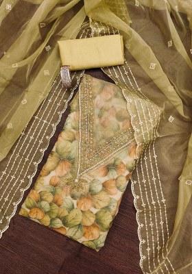 Lime Green Embroidered Oragnza Dress Material