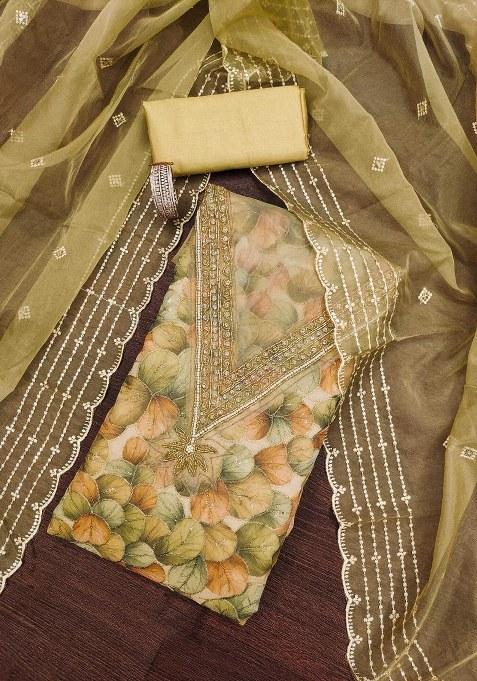 Lime Green Embroidered Oragnza Dress Material