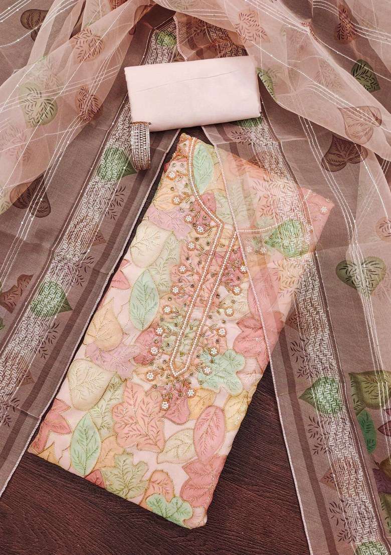 Peach Embroidered Oragnza Dress Material - Indya