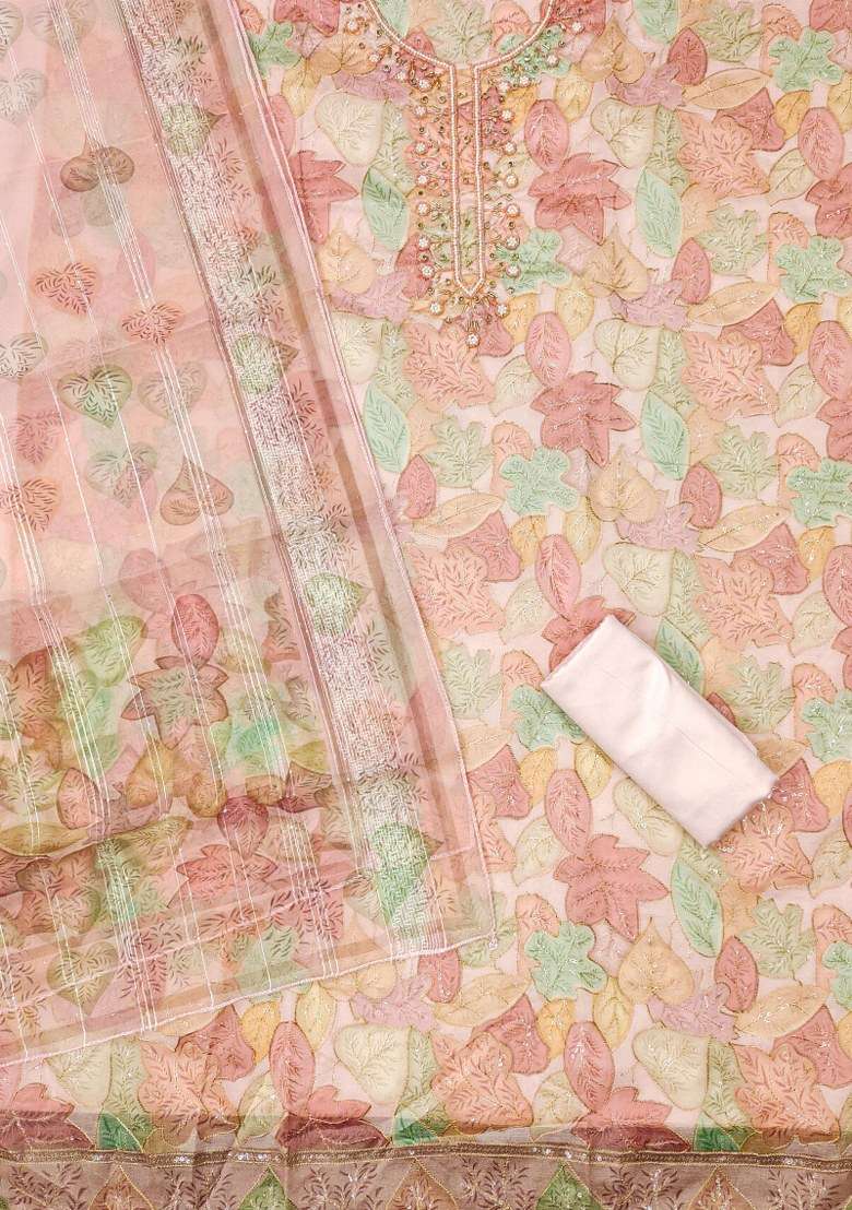 Peach Embroidered Oragnza Dress Material - Indya