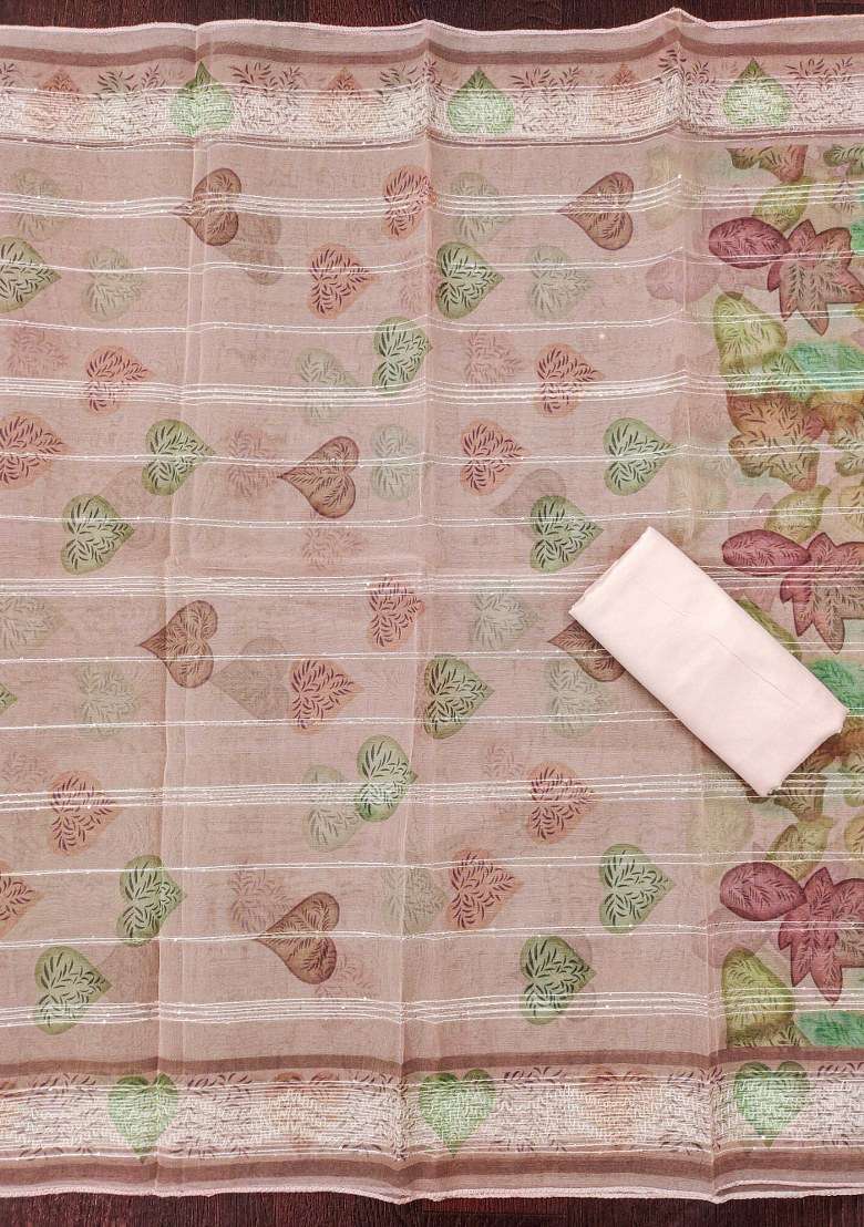 Peach Embroidered Oragnza Dress Material - Indya