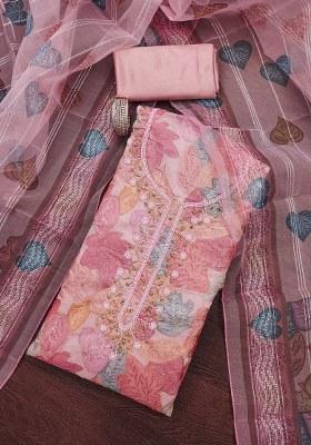 Pink Embroidered Oragnza Dress Material