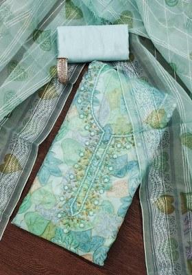 Teal Embroidered Oragnza Dress Material