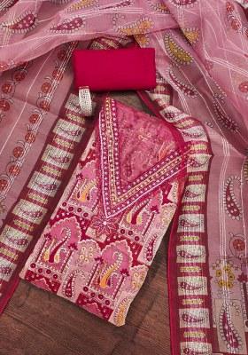 Red Embroidered Oragnza Dress Material