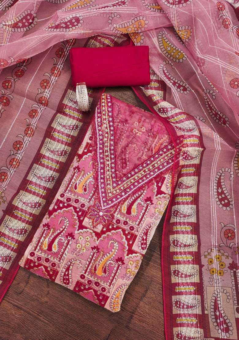 Red Printed Organza Straight Kurta Set - Indya