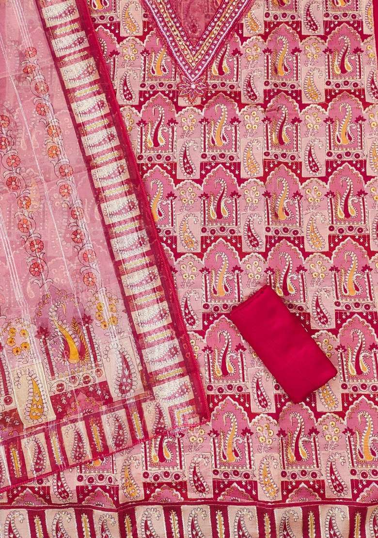 Red Printed Organza Straight Kurta Set - Indya