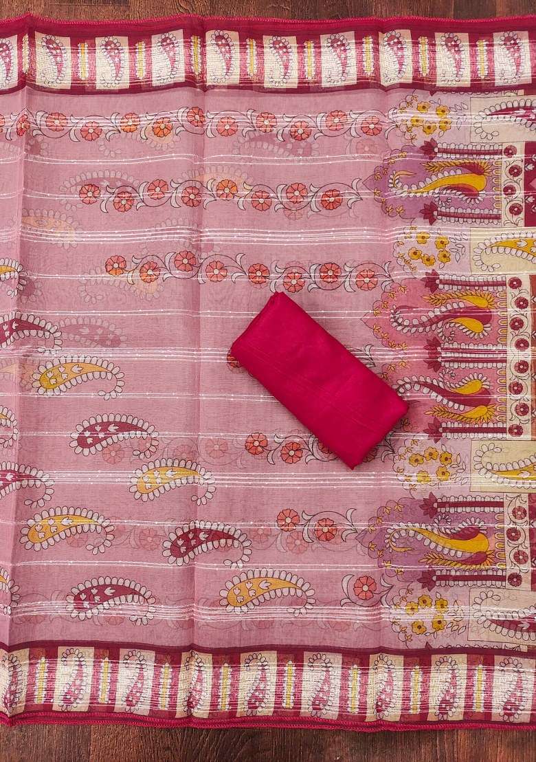 Red Printed Organza Straight Kurta Set - Indya