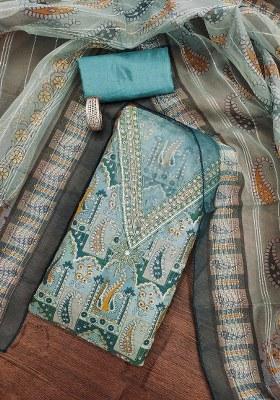 Teal Embroidered Oragnza Dress Material