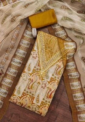 Mustard Embroidered Oragnza Dress Material