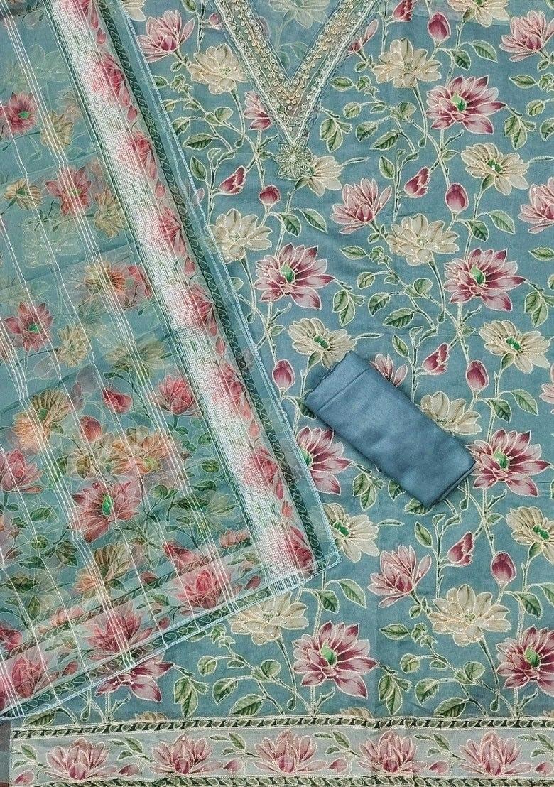 Sea Green Embroidered Oragnza Dress Material - Indya