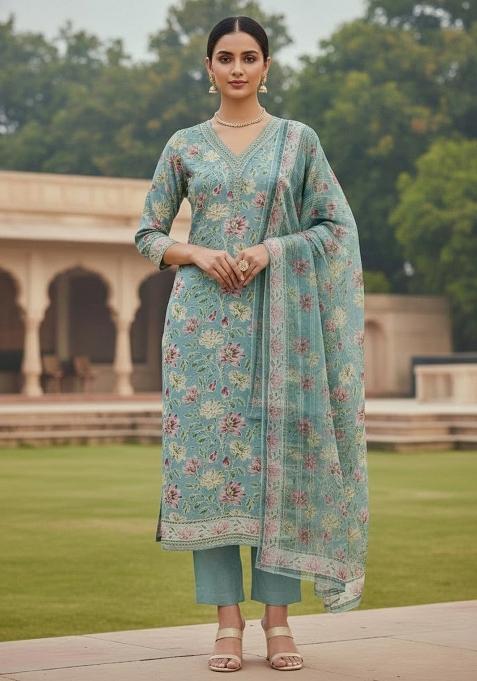 Sea Green Embroidered Oragnza Dress Material