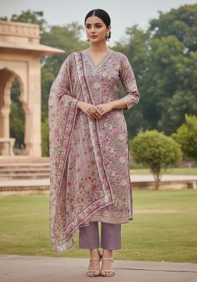 Purple Embroidered Oragnza Dress Material