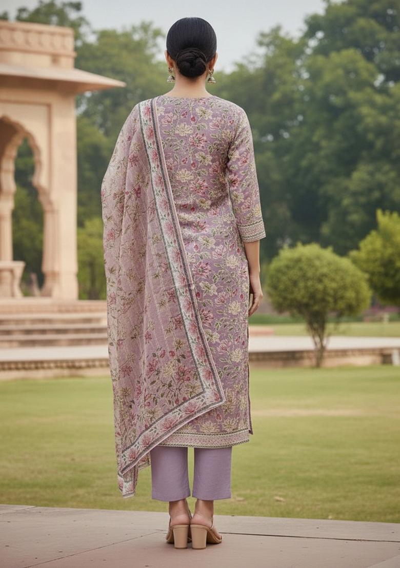 Purple Embroidered Oragnza Dress Material - Indya