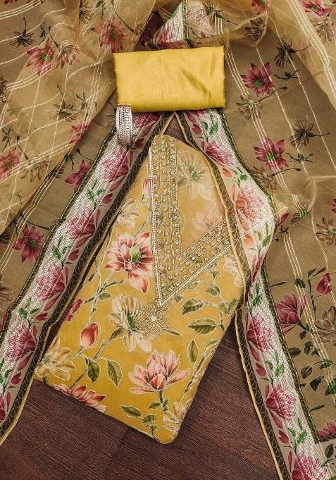 Yellow Embroidered Oragnza Dress Material
