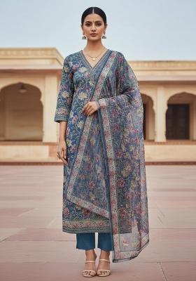 Teal Embroidered Oragnza Dress Material