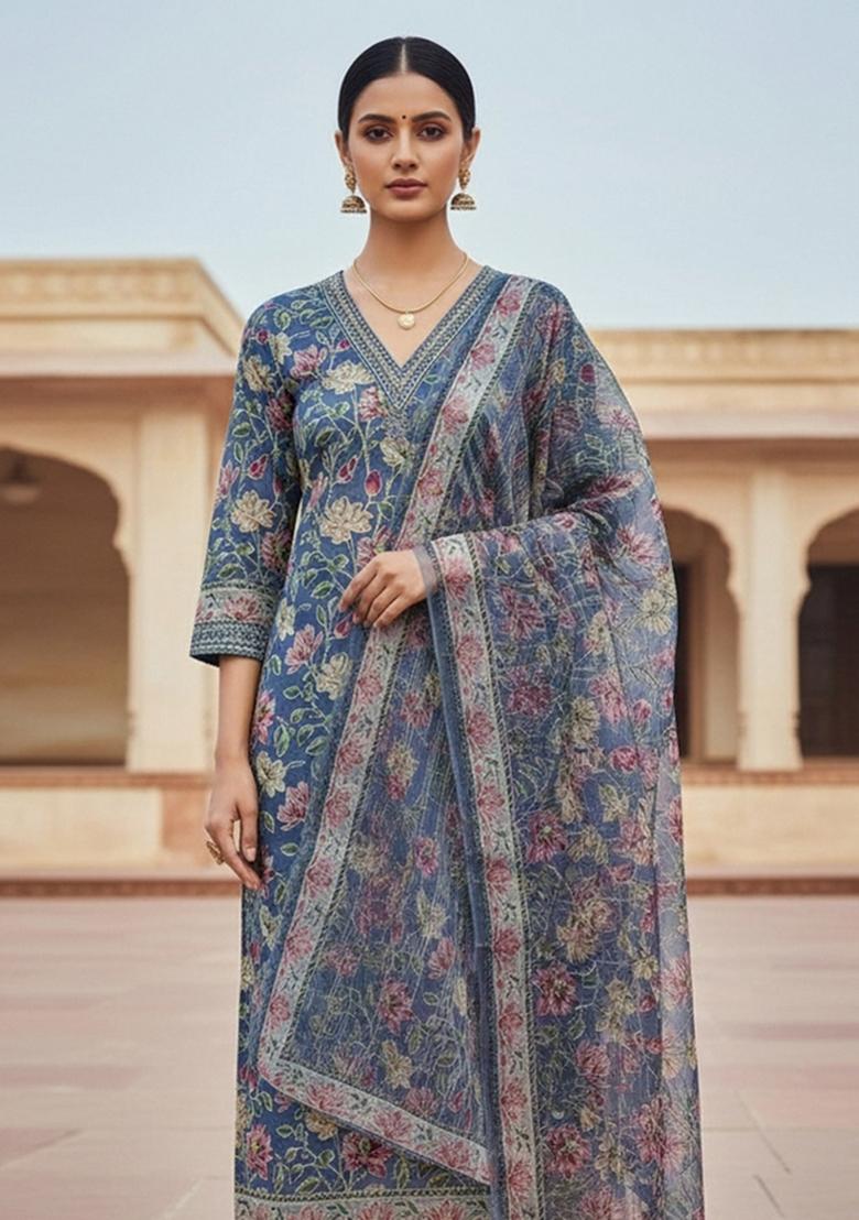 Teal Embroidered Oragnza Dress Material - Indya