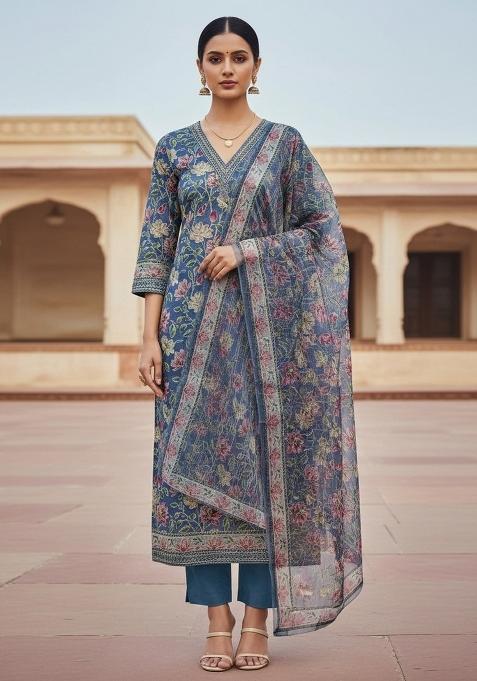 Teal Embroidered Oragnza Dress Material