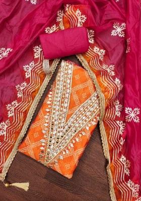 Multicolor Embroidered Oragnza Dress Material