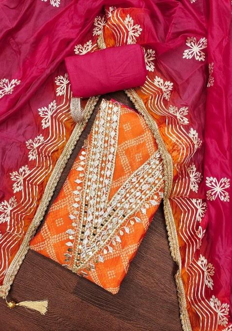 Multicolor Embroidered Oragnza Dress Material