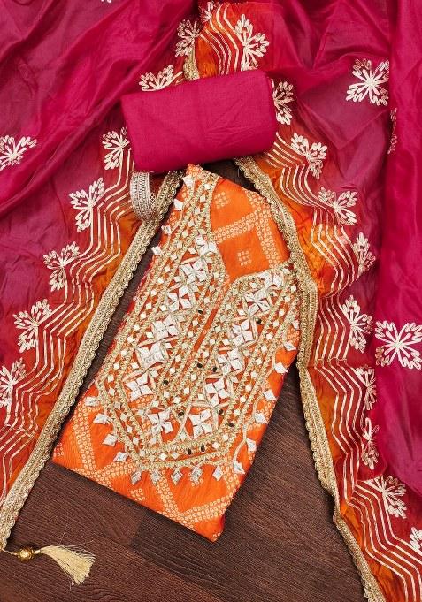 Orange Embroidered Oragnza Dress Material