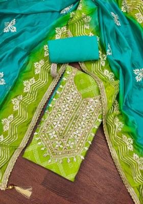 Green Embroidered Oragnza Dress Material
