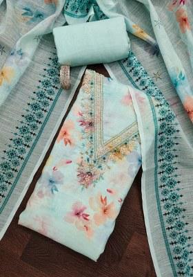 Sky Blue Embroidered Cotton Blend Dress Material